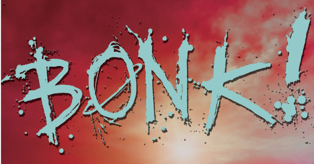 Blue text reads "BONK!" on a red background